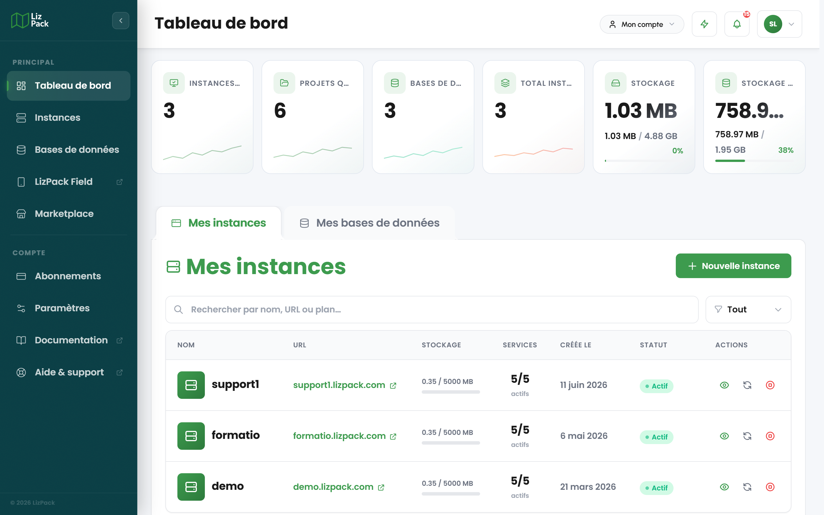 Tableau de bord LizPack avec les statistiques et la liste des instances