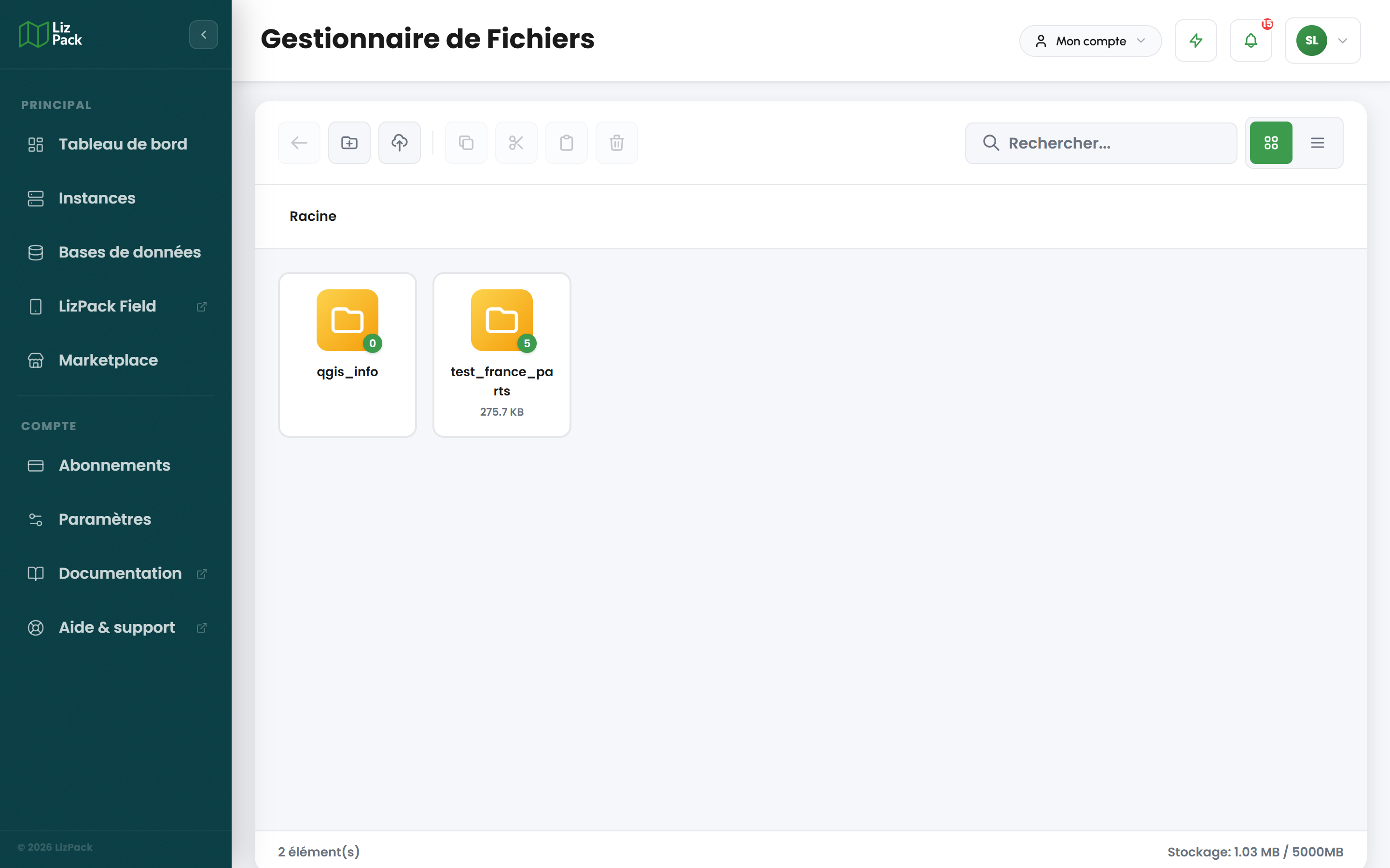 Gestionnaire de fichiers LizPack avec dossiers et fichiers