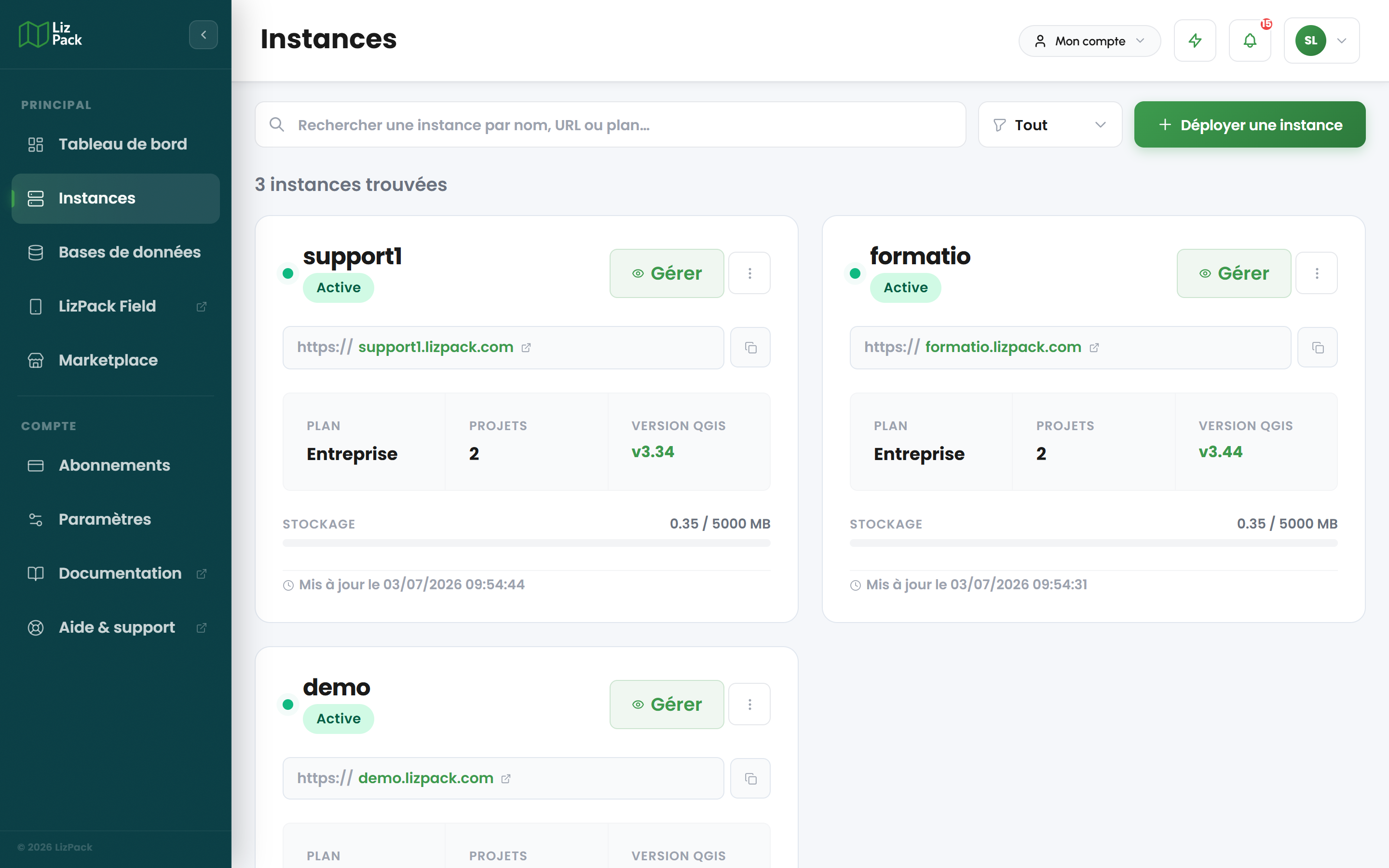 Page Mes instances avec les cartes d'instances et le bouton Déployer une instance