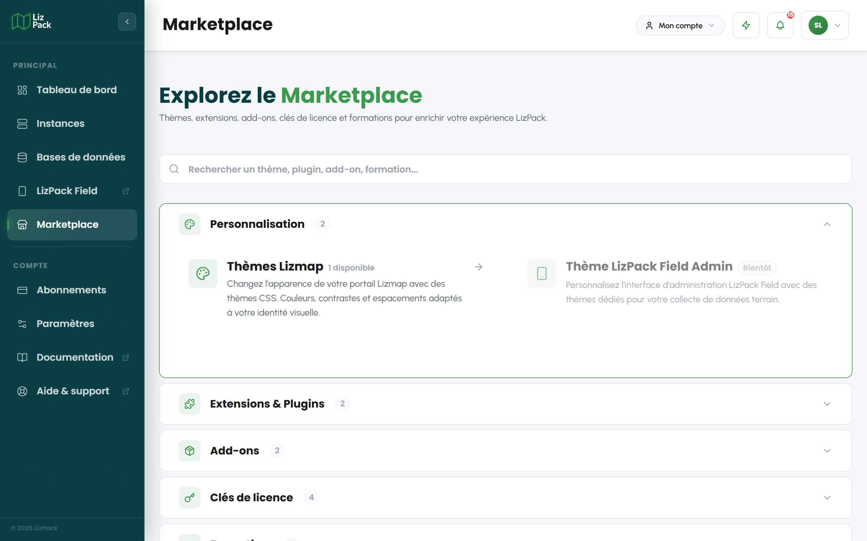 Marketplace LizPack : thèmes, extensions, add-ons, clés de licence et formations