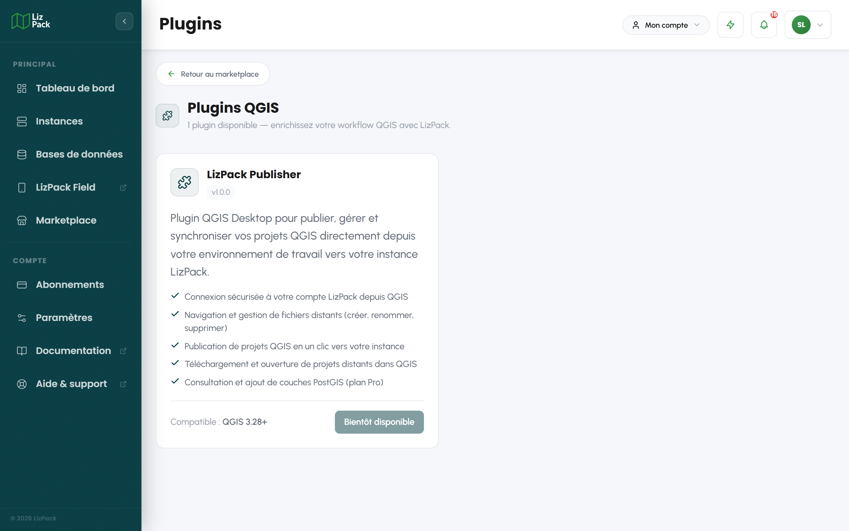 Page du plugin LizPack Publisher dans le Marketplace