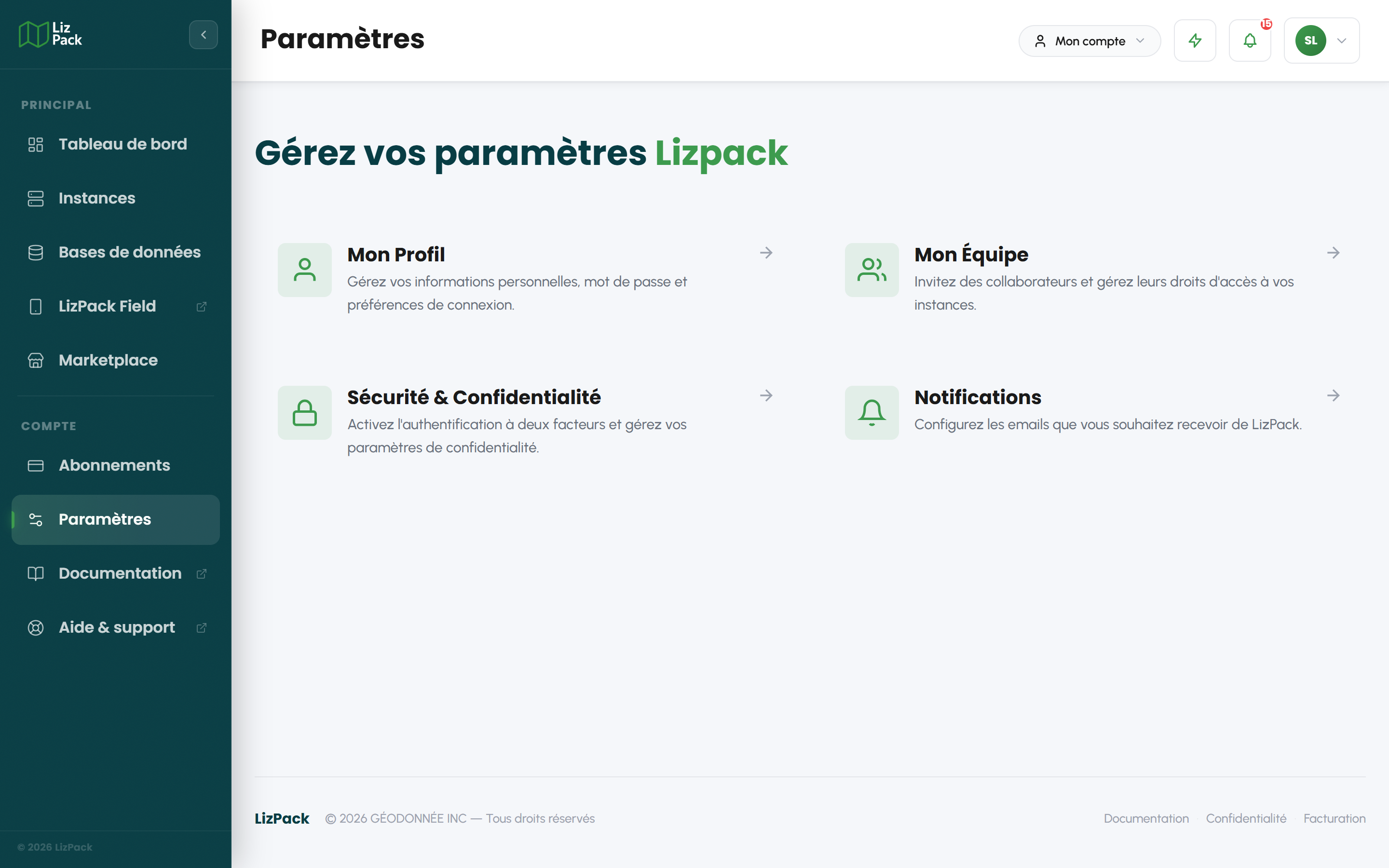 Page Paramètres du compte LizPack