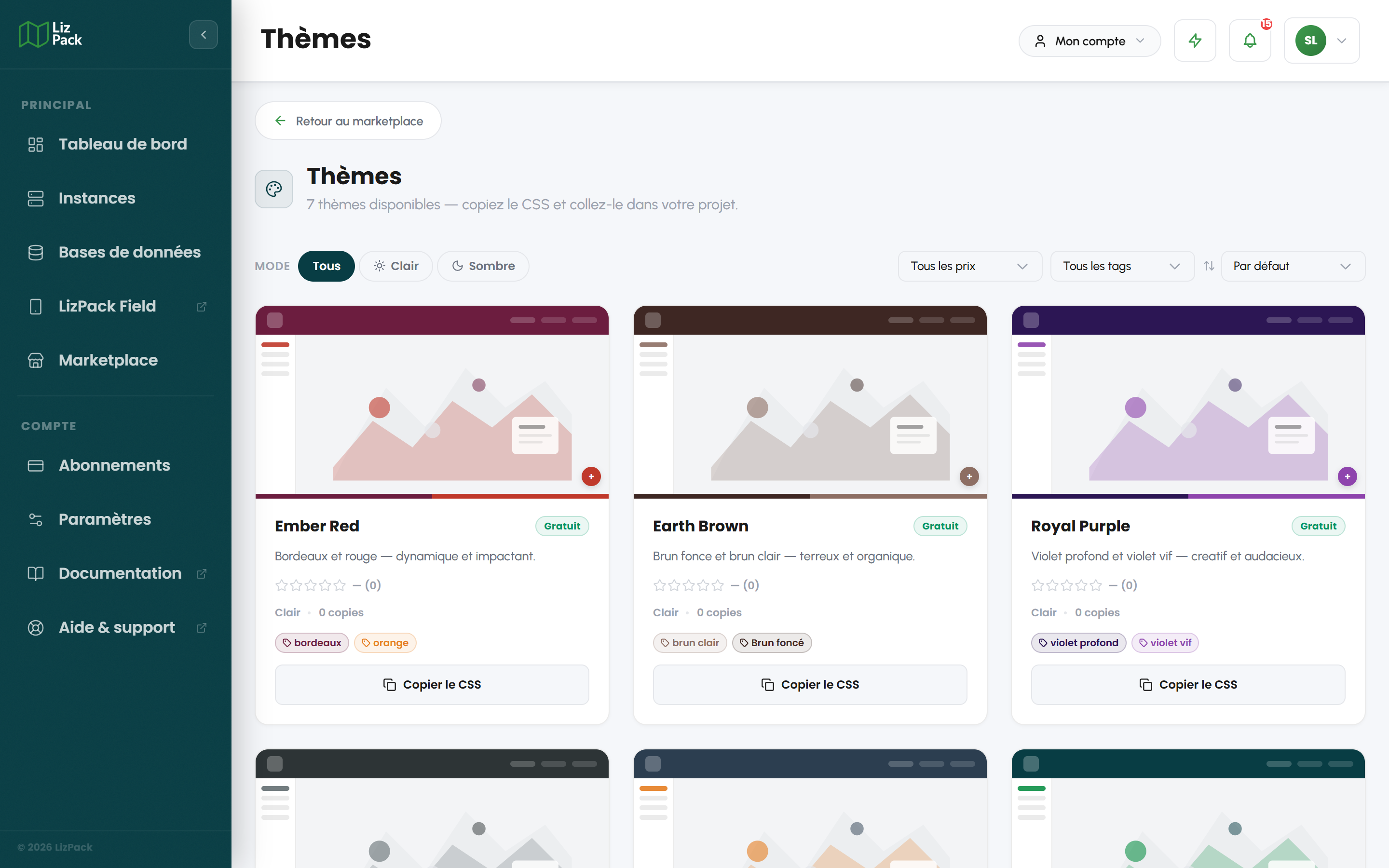 Galerie de thèmes Lizmap avec aperçus et bouton Copier le CSS